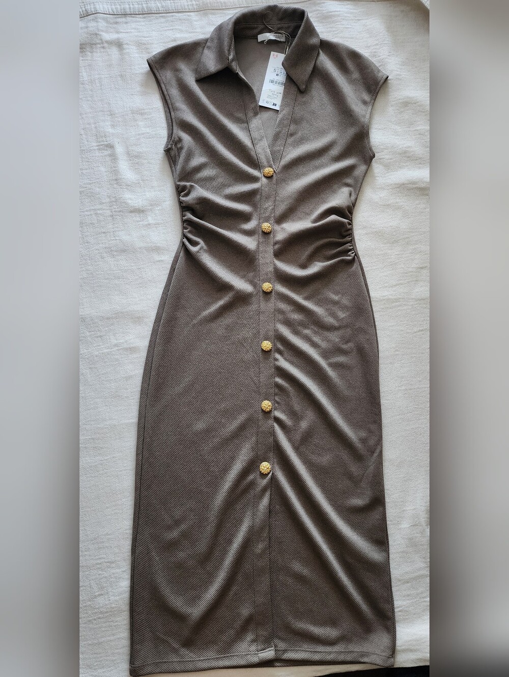 Zara NWT Ribbed Ruched Polo Midi Dress Gold Buttons Taupe Size S